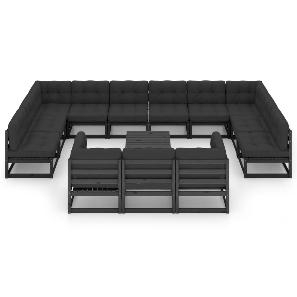 14-tlg. Garten-Lounge-Set mit Kissen Schwarz Kiefer Massivholz